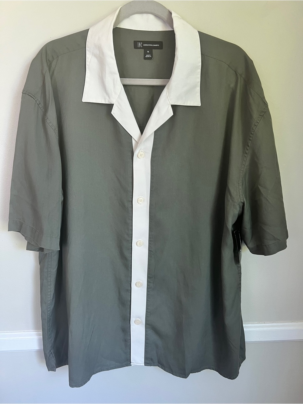 INC Contrast Collar Button-Up Shirt in Olive Green and White